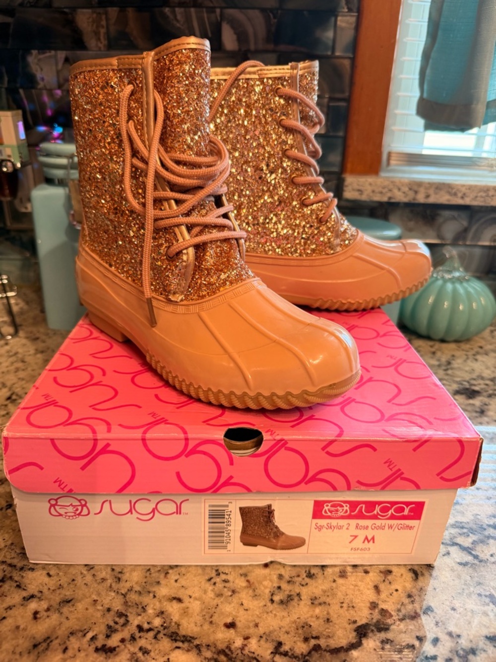 Sugar Rose Gold Glitter Lace-Up Duck Boots